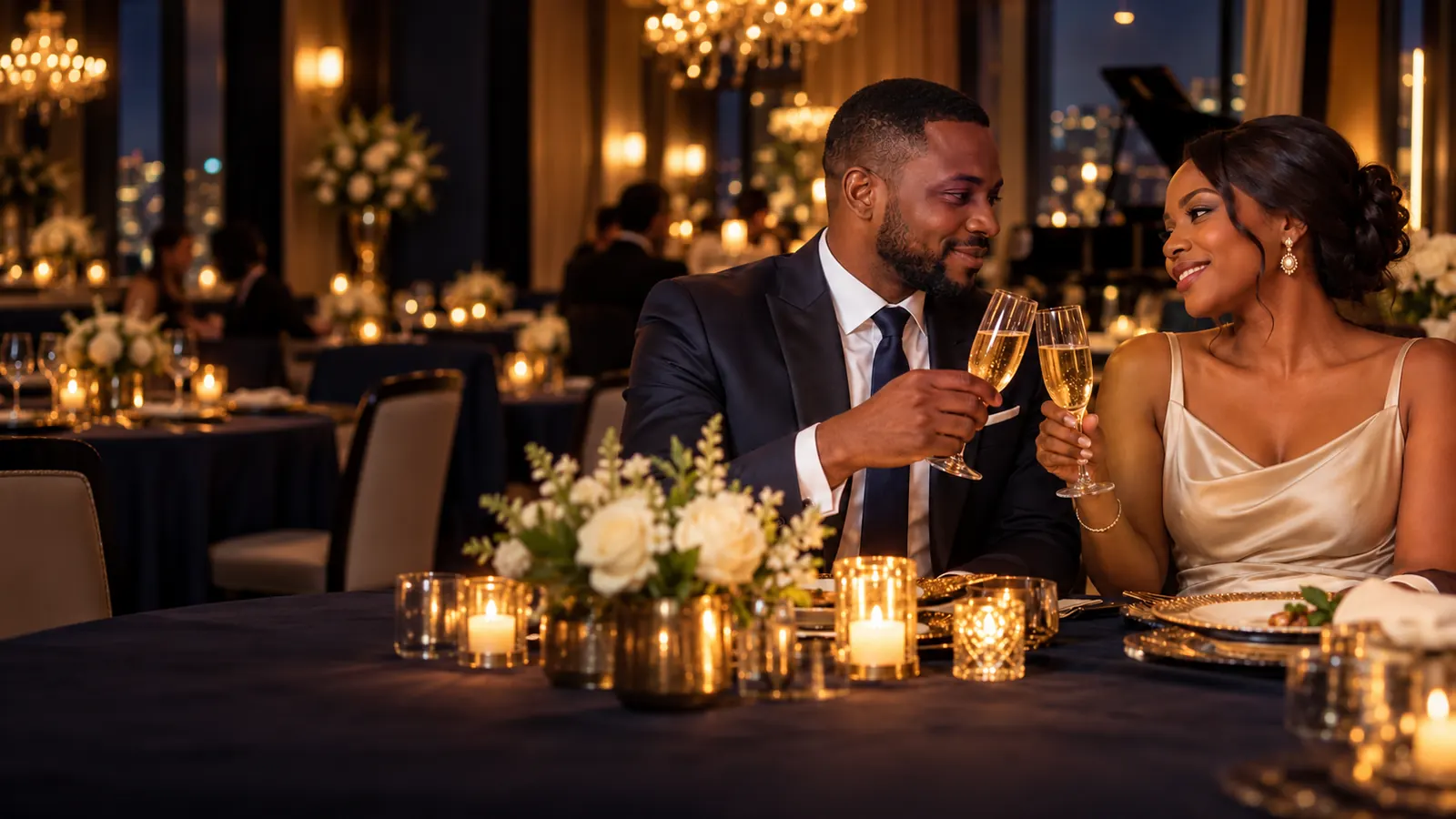 Un couple partage un dîner aux chandelles dans un restaurant élégant, deux coupes de champagne à la main.