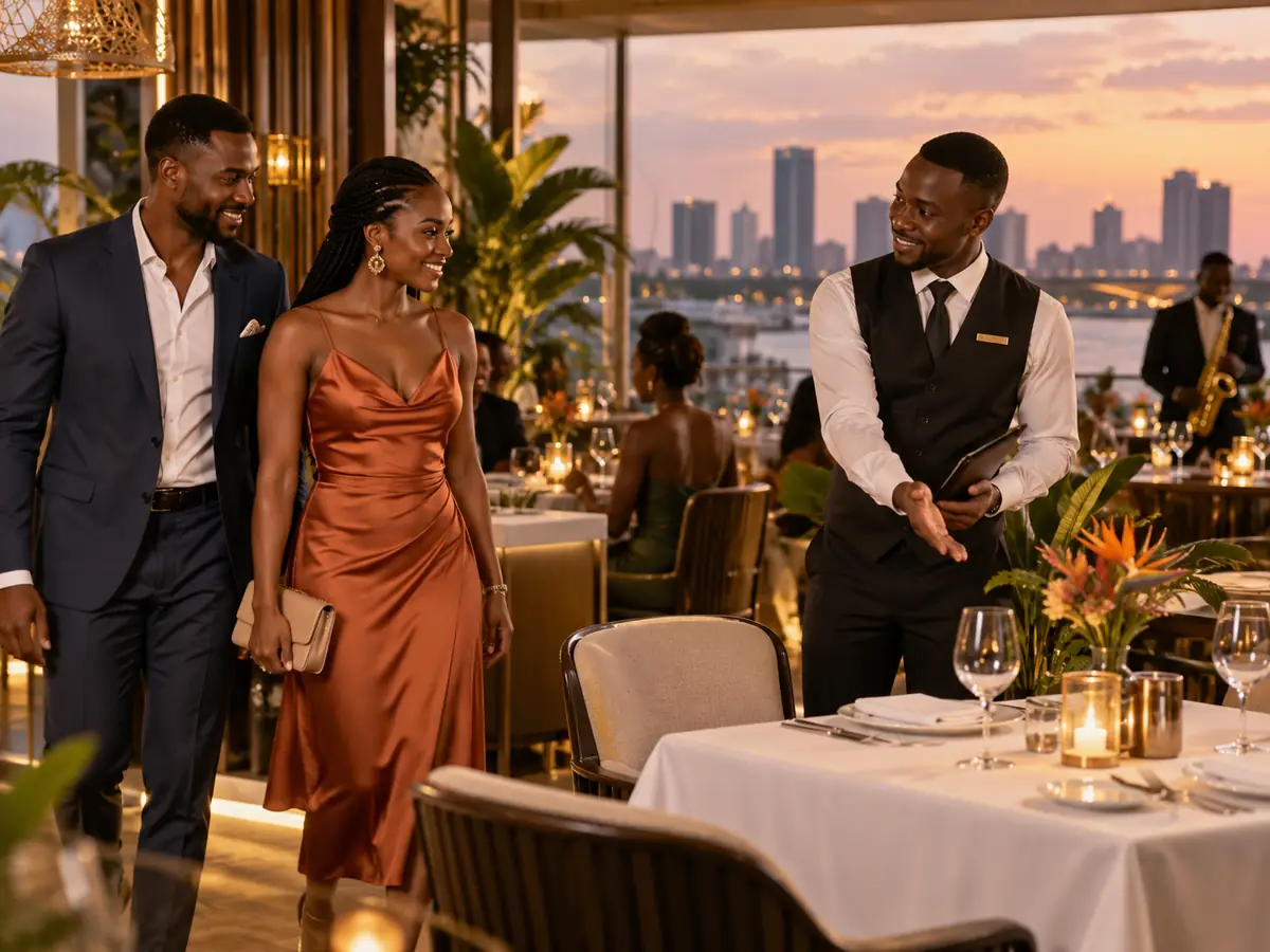 Illustration d’un professionnel accueillant un couple adulte à une table de restaurant