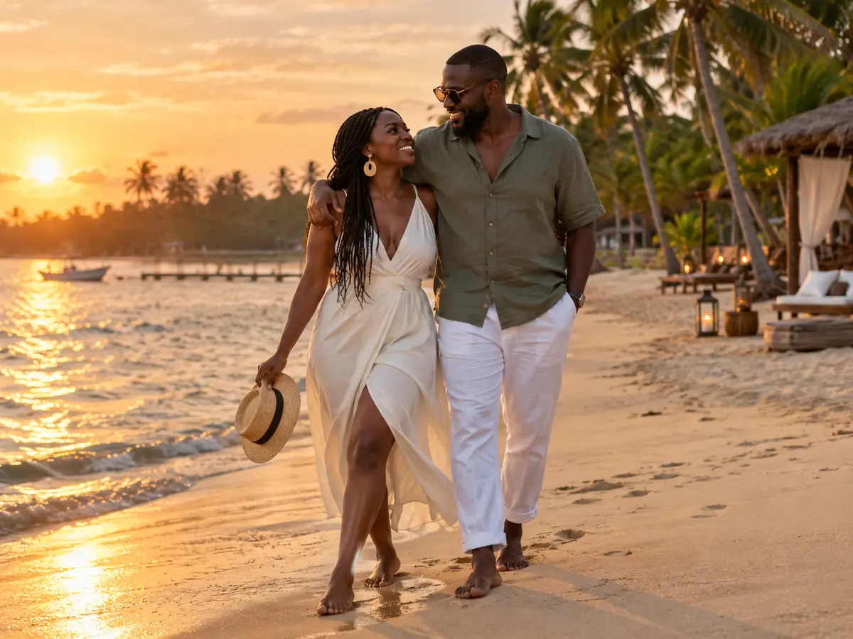 Illustration d’un couple adulte marchant ensemble sur une plage au coucher du soleil, ambiance Assinie