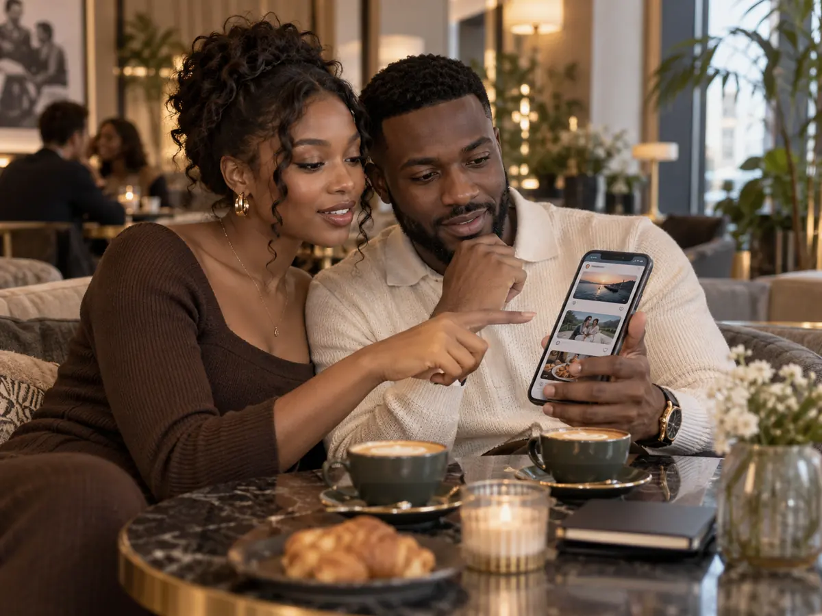 Illustration d’un couple adulte choisissant une idée de sortie sur un téléphone dans un café