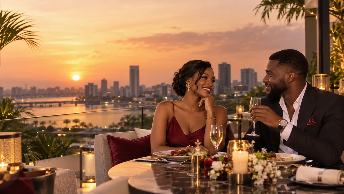 Illustration d’un couple adulte partageant un dîner sur une terrasse au coucher du soleil, ambiance Abidjan
