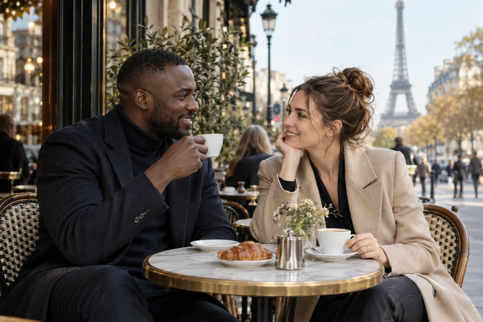 Illustration : deux adultes de cultures différentes échangent dans un café à Paris