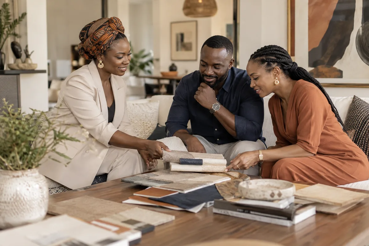 Illustration métier : un couple échange avec une professionnelle de l’aménagement intérieur
